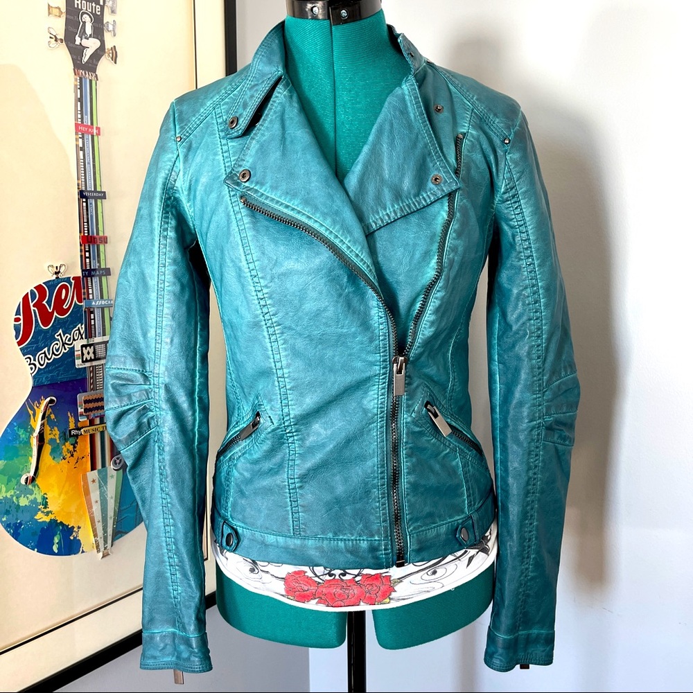 Love21 Faux Leather Biker Jacket in Teal Sz Small
